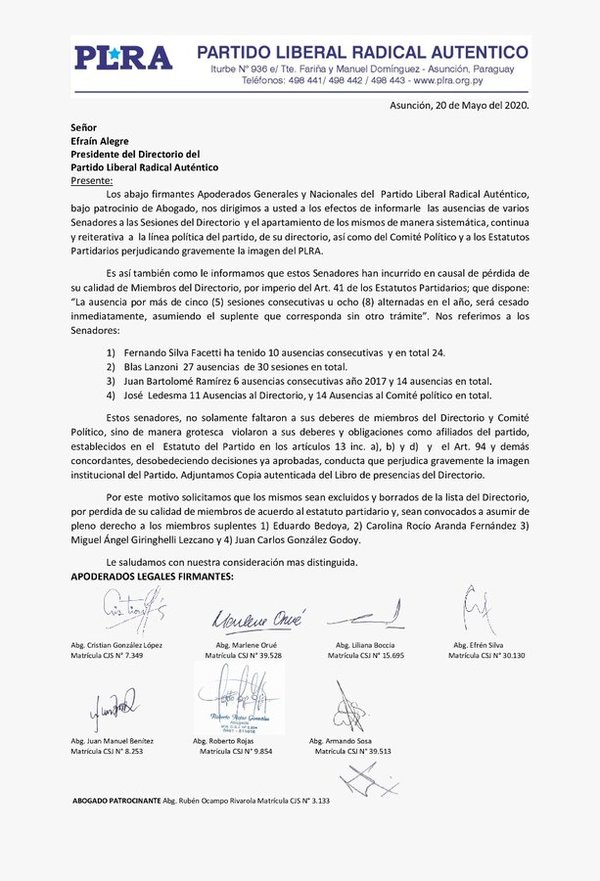 Efraín Alegre anunció la expulsión de cuatro miembros del directorio del PLRA