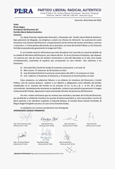 Efraín Alegre anunció la expulsión de cuatro miembros del directorio del PLRA