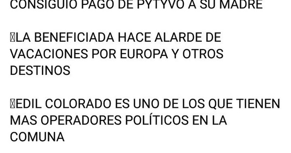 Denuncian que concejal “consiguió pago de Pytyvõ a su madre”, pero el primero dice que la publicación es “difamatoria”