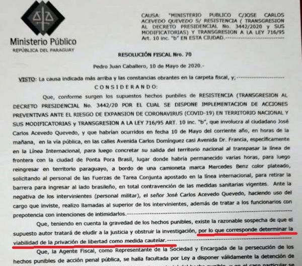 Juez debe enviar a prisión al intendente José C. Acevedo por violar las restricciones de seguridad al cruzar al lado brasileño