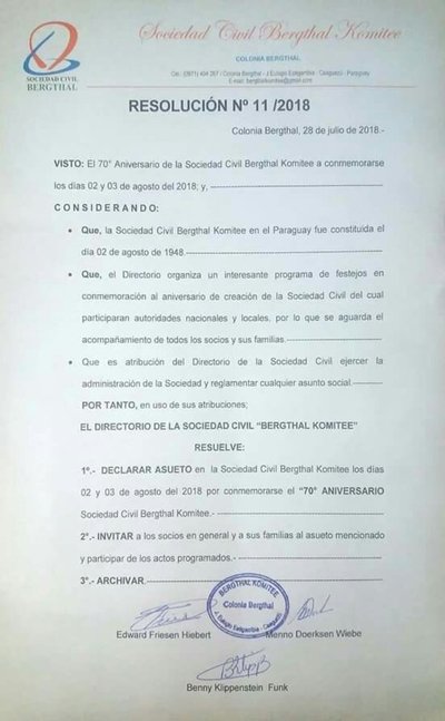 Bergthal festejará su 70 años - Campo 9 Noticias