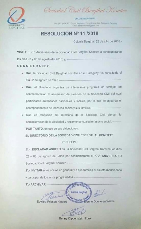 Bergthal festejará su 70 años - Campo 9 Noticias