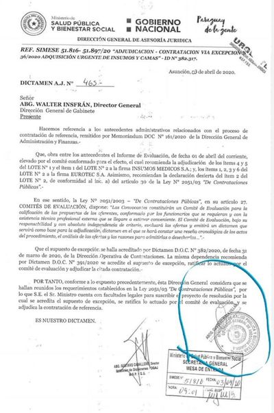 Insumos COVID-19: Asesor jurídico del MSP responsabiliza a comité de evaluación y a Dirección de Contrataciones   - A La Gran 7-30 - ABC Color