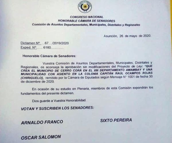 Senadores dictaminan  a favor de la creación del municipio de Cerro Corá
