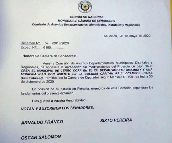 Senadores dictaminan a favor de la creación del municipio de Cerro Corá
