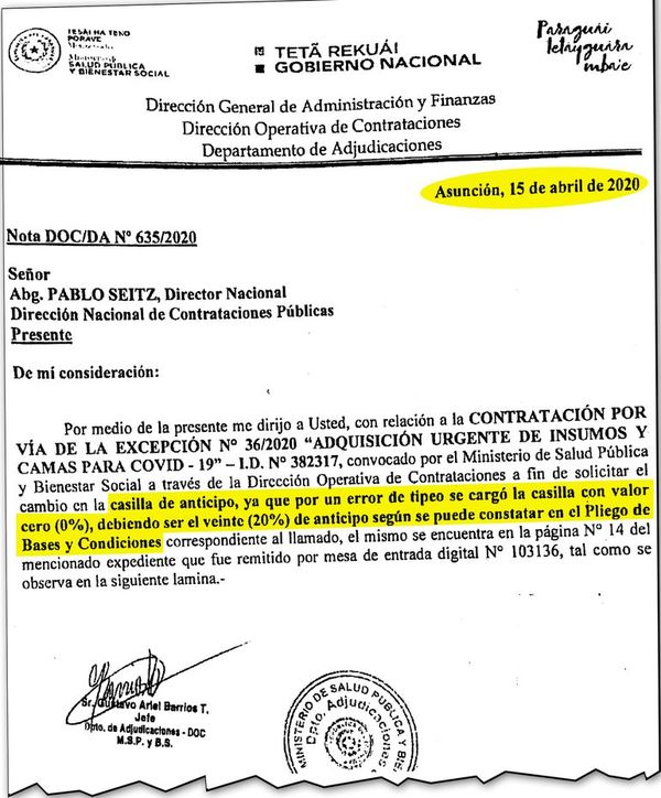 Salud pagó y después pidió inclusión de anticipo - Política - ABC Color