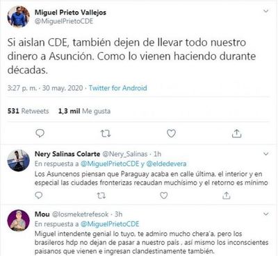 “Si aíslan a CDE, también dejen de llevar nuestro dinero a Asunción”, señala Prieto