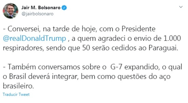 Bolsonaro anuncia donación de respiradores a Paraguay