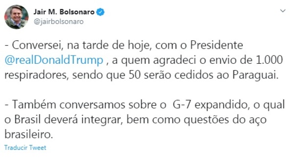 Bolsonaro anuncia donación de respiradores a Paraguay