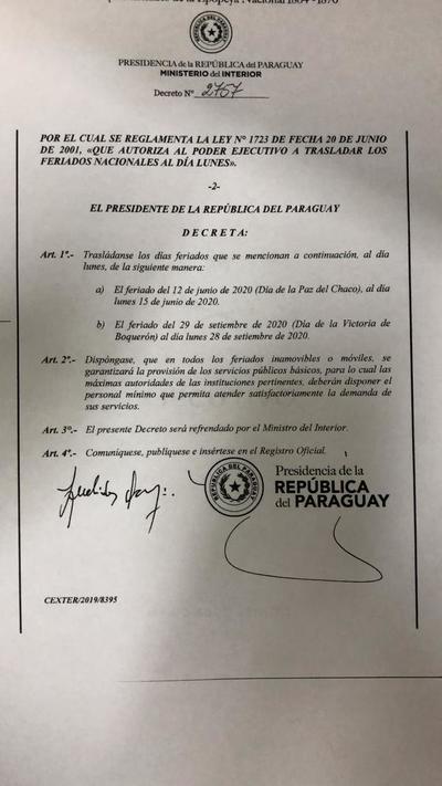Ejecutivo decretó el traslado del feriado de la Paz del Chaco