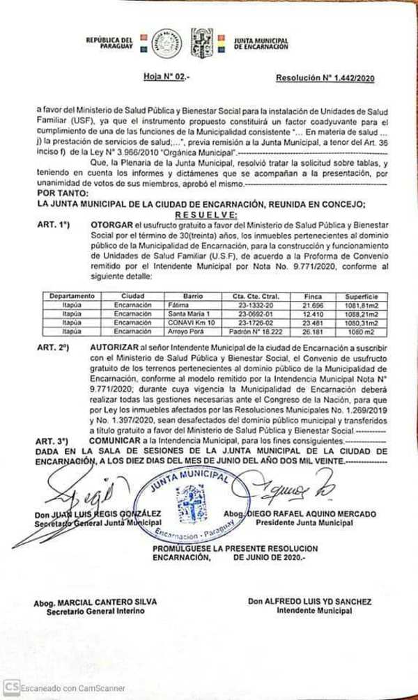 Ceden 4 inmuebles de la comuna encarnacena para construir unidades de salud familiar