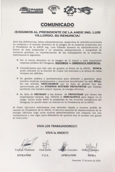 Sindicatos de la ANDE exigen renuncia del presidente Villordo - Nacionales - ABC Color
