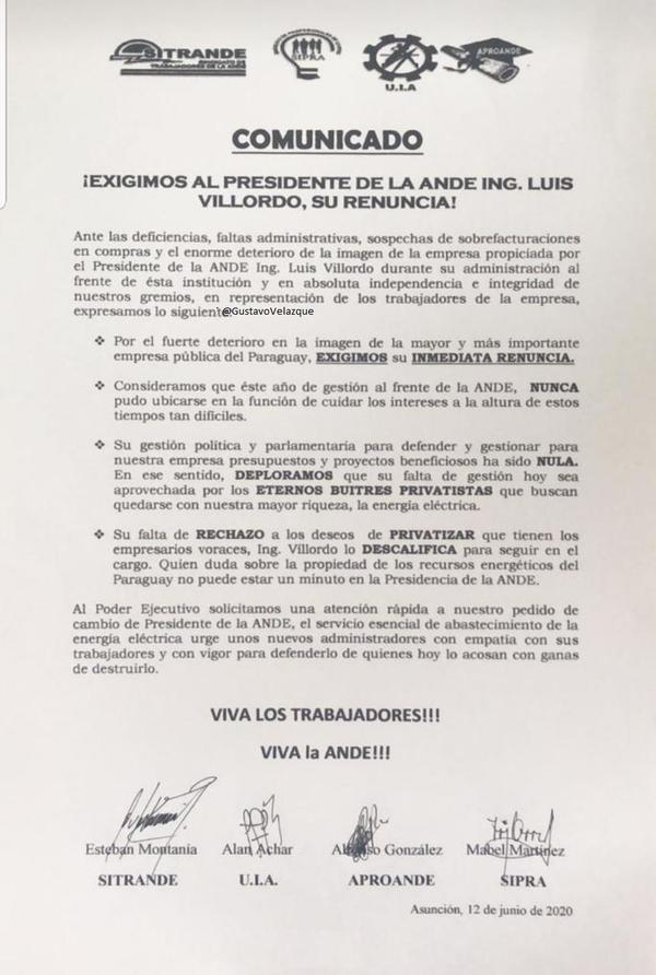 Sindicato pide renuncia o destitución de Villordo de la ANDE - ADN Paraguayo