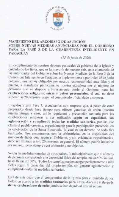 Arzobispo pide al Gobierno que revea postura de permitir solamente 20 personas en las iglesias - Nacionales - ABC Color