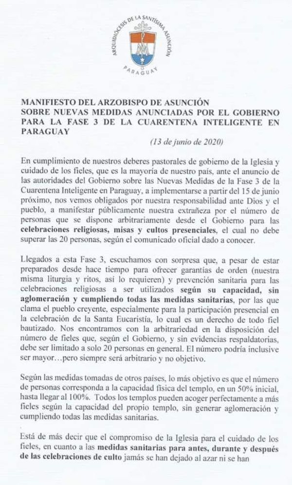 Arzobispo pide al Gobierno que revea postura de permitir solamente 20 personas en las iglesias - Nacionales - ABC Color