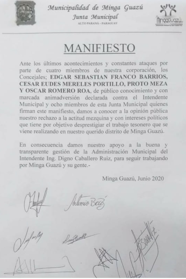 Concejales serviles a Digno Caballero emiten “manifiesto” de repudio contra sus colegas