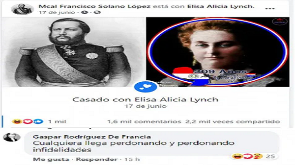 Matrimonio en Facebook entre el Mariscal López y Madame Lynch es "una burla"