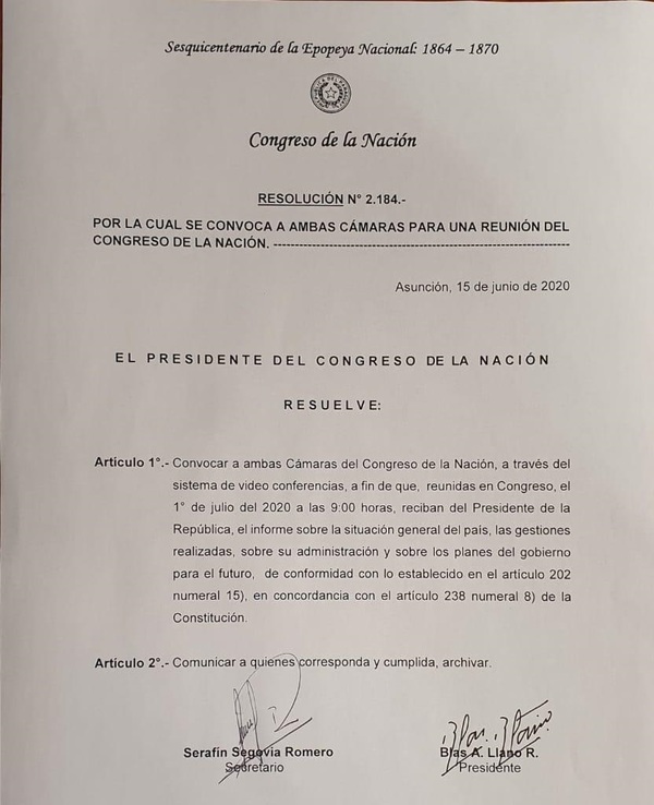 Llano convoca a las cámaras para recibir informe de gestión de Abdo Benítez - ADN Paraguayo