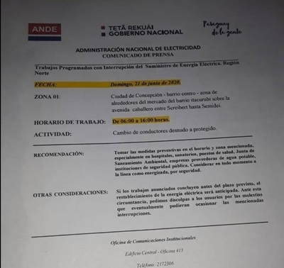 ANDE cortará fluido eléctrico en pleno día del padre