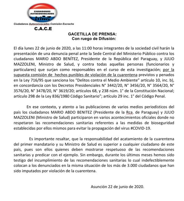 Denuncia penal contra Abdo y Mazzoleni por violar ley sanitaria - ADN Paraguayo