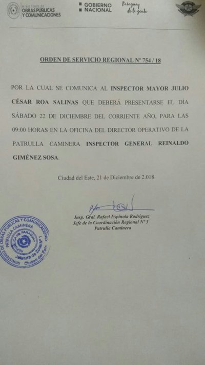 Convocaron a jefe de Patrulla Caminera de Campo 9 - Campo 9 Noticias