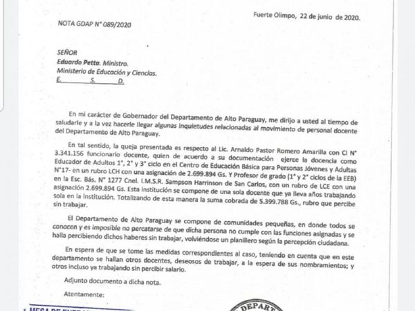 Denuncian supuesto planillerismo docente en Alto Paraguay