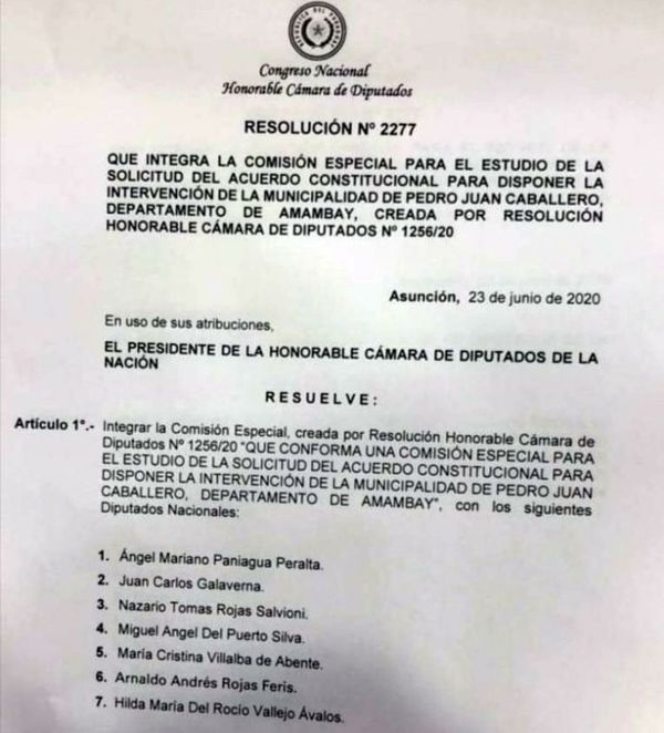 Conforman Comisión Especial para intervenir Municipalidad de Pedro Juan Caballero