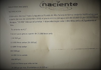AUMENTO ILEGAL de la TARIFA de aguateras en Alto Paraná
