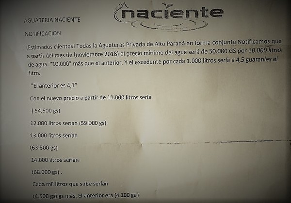 AUMENTO ILEGAL de la TARIFA de aguateras en Alto Paraná