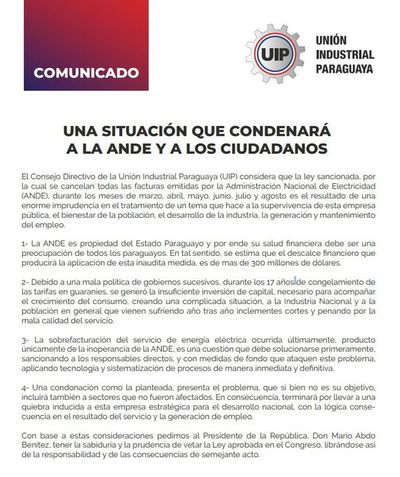 Si promulgan ley que exonera facturas por seis meses, se condenará a ANDE, dice  UIP  - Nacionales - ABC Color