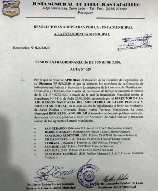 Adjudican terrenos al Ministerio de la Salud para la creación de 7 Unidades de Salud Familiar en Pedro Juan Caballero