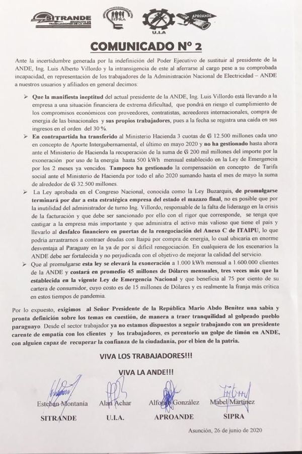 Sindicatos califican de inepto al presidente de la ANDE e insisten con su destitución  - Nacionales - ABC Color