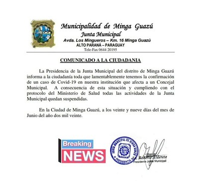 Concejal municipal de Minga Guazú da positivo a coronavirus - ADN Paraguayo