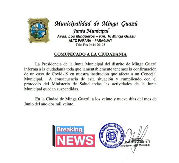 Concejal municipal de Minga Guazú da positivo a coronavirus - ADN Paraguayo