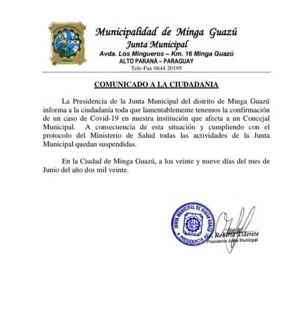 Edil de la JM de Minga Guazú dio positivo al Covid-19 y suspenden actividades en el legislativo