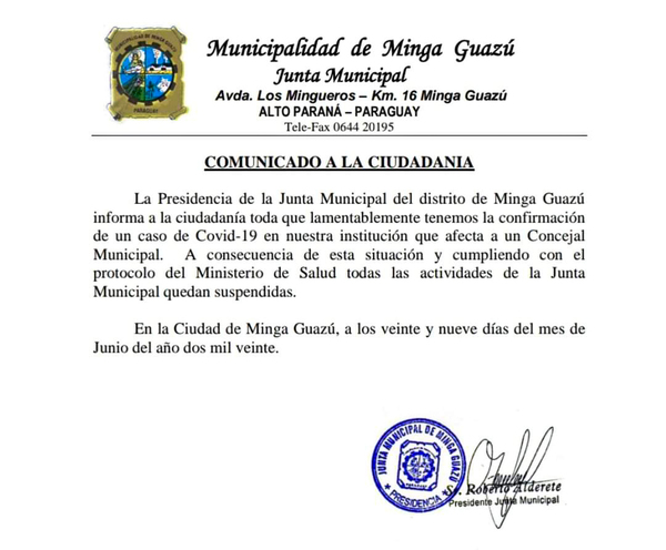 COVID-19: JM de Minga Guazú suspende actividades por caso positivo - Noticde.com