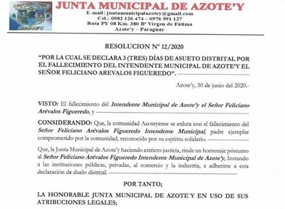 HOY / Tras fallecimiento del Intendente de Azote'y, la Junta Municipal declara duelo distrital por 3 días