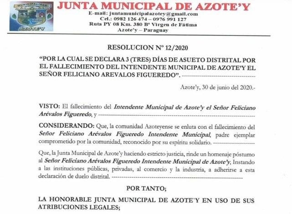 HOY / Tras fallecimiento del Intendente de Azote'y, la Junta Municipal declara duelo distrital por 3 días