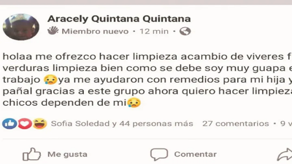 Joven mamá ofrece servicio de limpieza a cambio de víveres