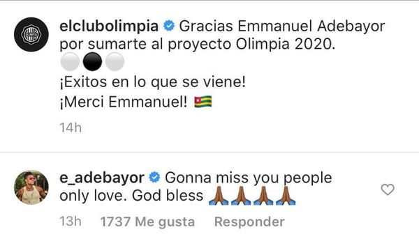 “Te voy a extrañar”, el adiós de Emmanuel Adebayor   - Olimpia - ABC Color