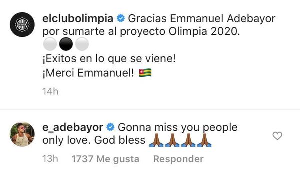 “Te voy a extrañar”, el adiós de Emmanuel Adebayor - Olimpia - ABC Color