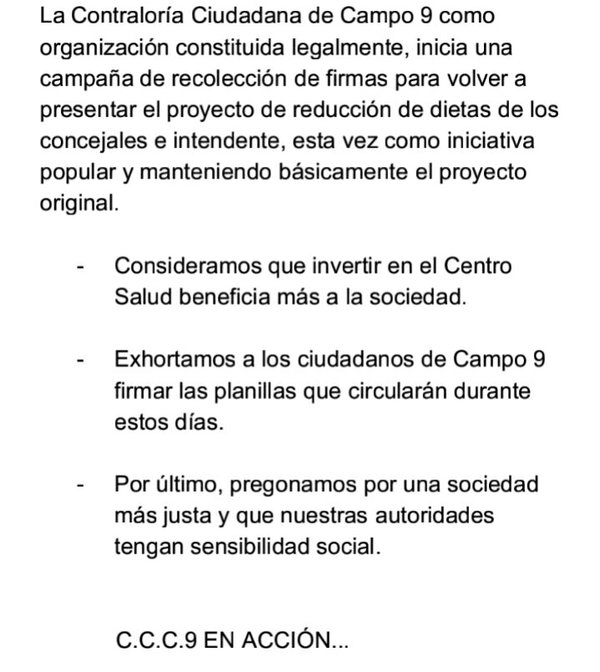 Campaña recolección de firmas para reducción de dieta - Campo 9 Noticias