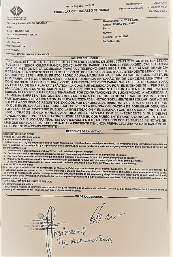 Denuncian al intendente Prieto por NEGOCIADO de G. 10.000 millones