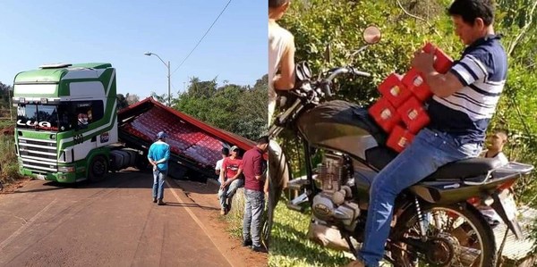 Camión volcó cargamento de cerveza y transeúntes aprovecharon la situación