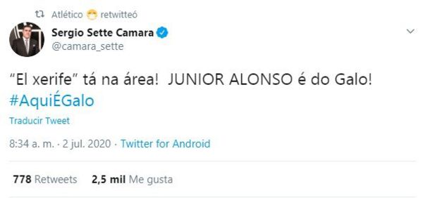La bienvenida del presidente del Mineiro: “Junior Alonso es del Galo” - Fútbol - ABC Color