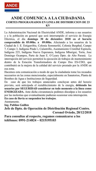 Anuncian corte de energia para el domingo - Campo 9 Noticias