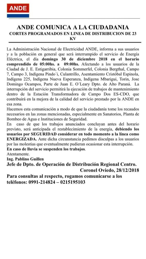 Anuncian corte de energia para el domingo - Campo 9 Noticias