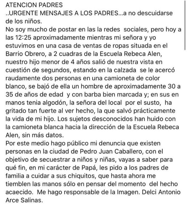 Padre denuncia que desconocidos intentaron raptar a su hijo de 4 años en Pedro Juan Caballero
