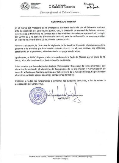 Funcionario de Mitic da positivo al Covid-19 y cierran temporalmente la sede - ADN Paraguayo