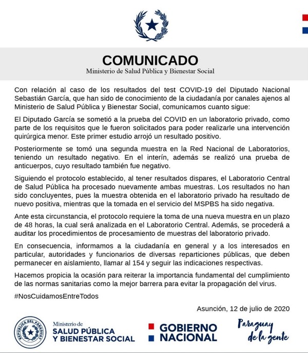 Diputado con Covid-19, ¿sí o no? Salud Pública anuncia nuevos testeos - ADN Paraguayo